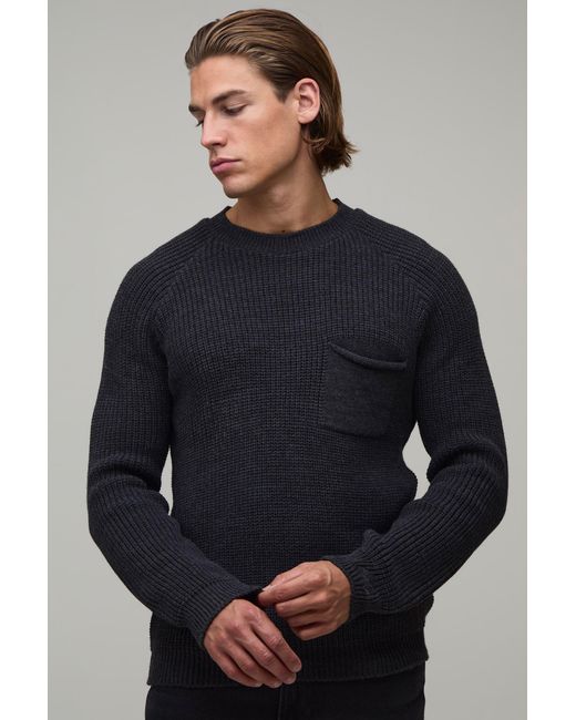 BoohooMAN Blue Regular Fit Raglan Ribbed Knitted Jumper for men