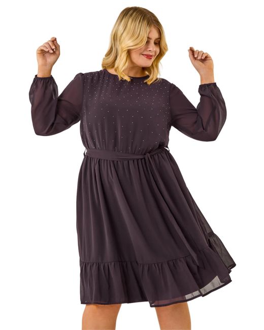 Roman Purple Curve Hotfix Tie Waist Midi Dress