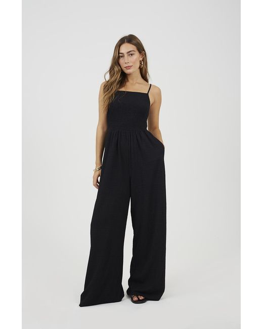 Brave Soul Blue Textured Jersey Strappy Wide Leg Jumpsuit