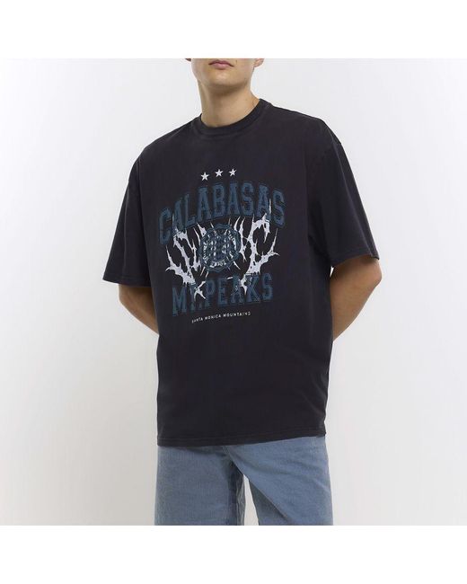 River Island Blue T-Shirt Oversized Fit Calabasas Graphic Cotton for men