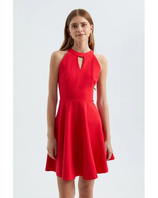 Hiccup Red Halter Neck Sleeveless Mini Skater Dress With A Keyhole Cut Out