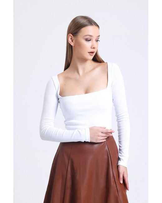 Hiccup White Square Neck Ribbed Long Sleeve Basic Top