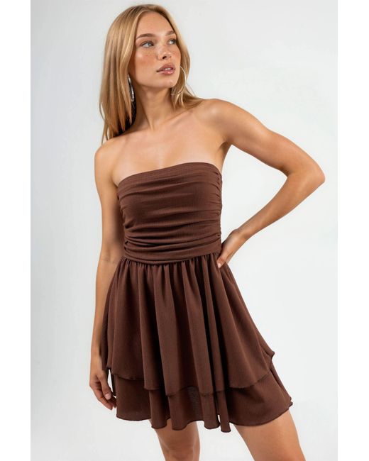 Hiccup Brown Strapless Ruffle Mini Dress