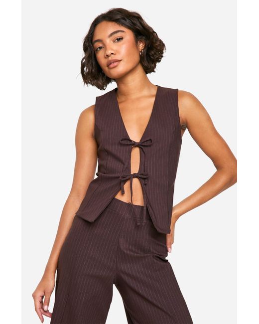 Boohoo Purple Tall Tie Front Pinstripe Waistcoat