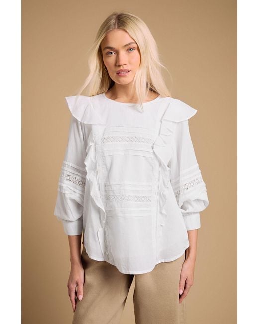 Oasis White Trim Detail Frill Shoulder Crew Neck Blouse