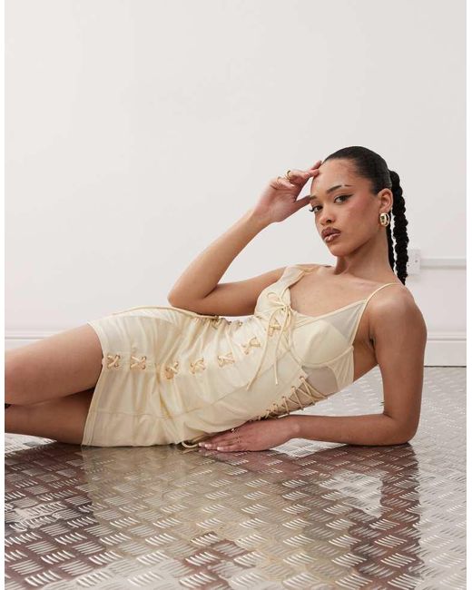 Labelrail Brown X Jennifer Mcking Jersey And Mesh Corset Mini Dress