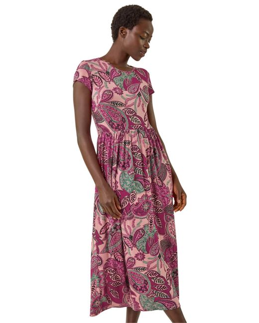 Roman Red Paisley Print Short Sleeve Midi Dress