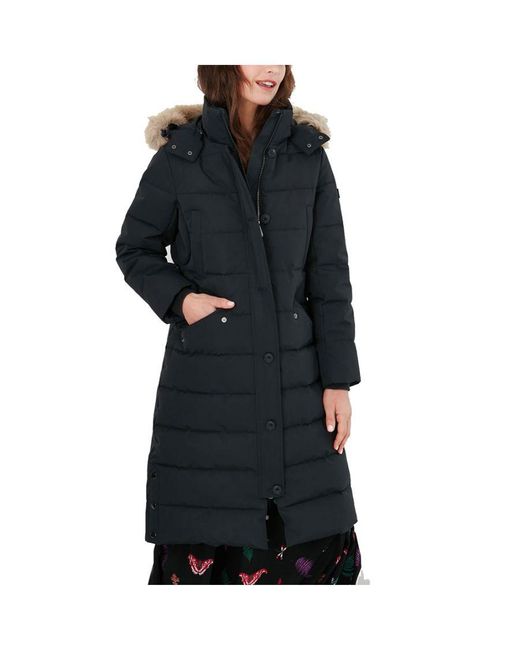 Joules Black Cotsland Warm Long Length Puffer Coat Cotton