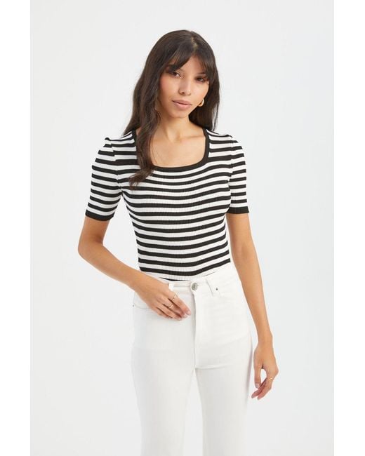 Hiccup Black Striped Square Neck Ribbed Short Sleeve Top