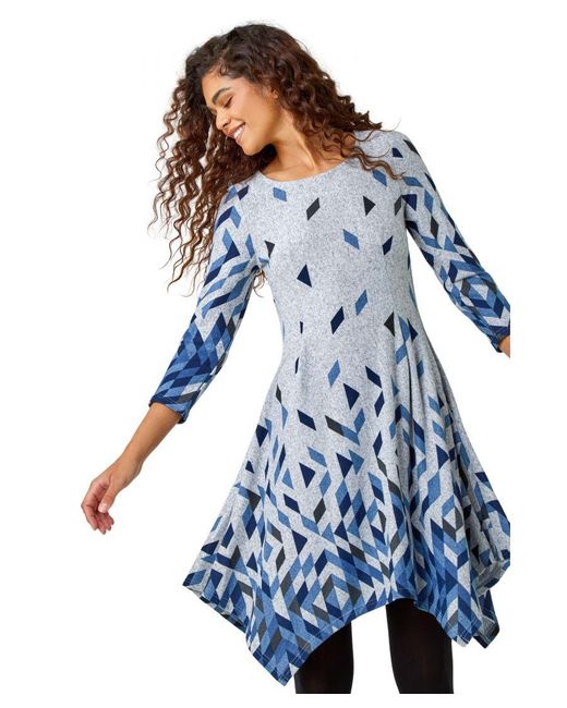 Roman Blue Geometric Print Panelled Stretch Dress