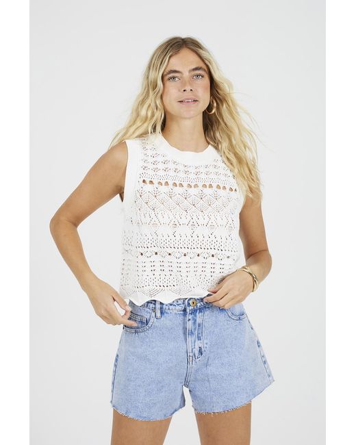 Brave Soul White Crew Neck Pointelle Knit Tank
