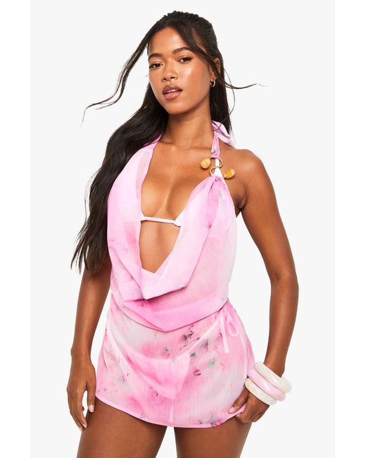 Boohoo Pink Tie Die Beaded Trim Mini Beach Dress