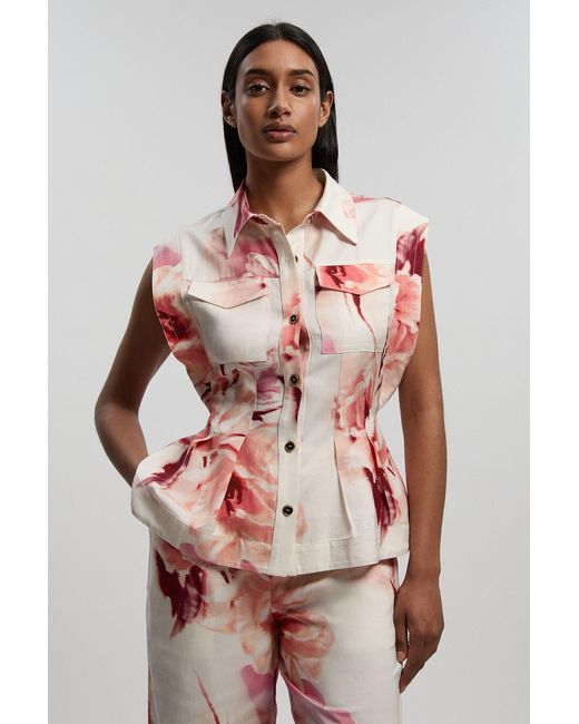 Karen Millen Multicolor Premium Viscose Linen Top Stitch Woven Blouse With Waist Seam Detail