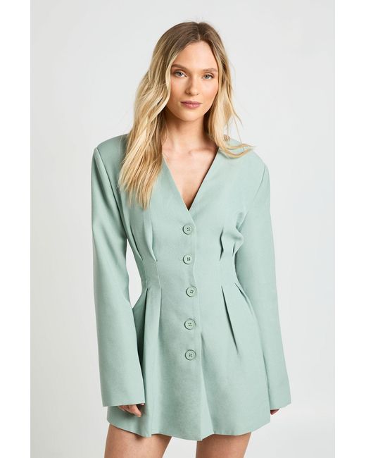 Boohoo Green Petite Long Sleeve Collarless Tailored Mini Dress