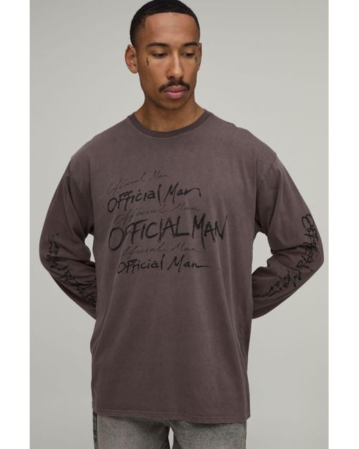 BoohooMAN Brown Washed Oversized Official Doodle Print Long Sleeve T-Shirt Cotton for men