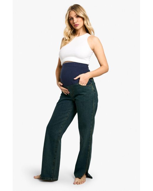 Boohoo Blue Maternity Over The Bump Split Hem Straight Leg Jeans