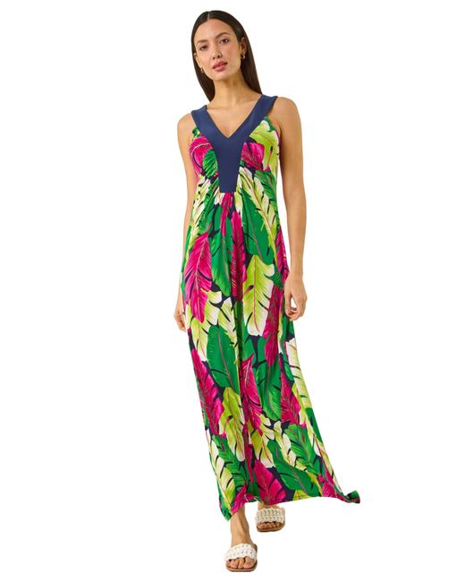 Roman White Leaf Print Contrast Band Maxi Dress