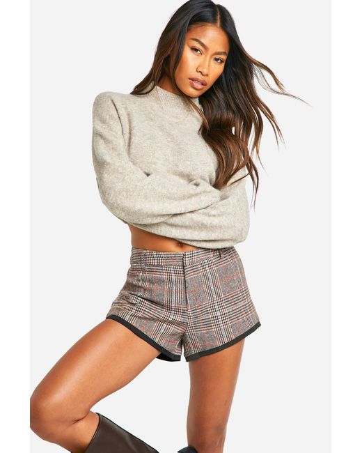 Boohoo Brown Wool Look Check Micro Short