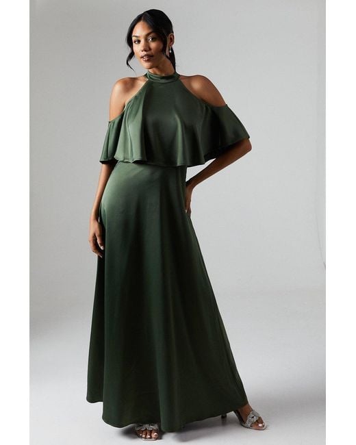 Debut London Green By Coast Halterneck Cold Shoulder Satin Bridesmaids Maxi Dress