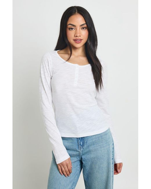 Boohoo White Sheer Slub Henley Top