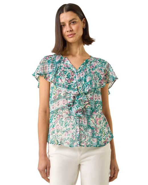 Roman Blue Abstract Print Ruffle Front Blouse