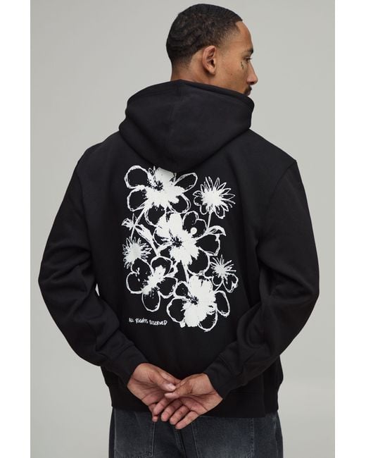 BoohooMAN Black Oversized Floral Sketch Print Hoodie Cotton for men