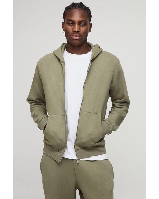 BoohooMAN Green Basic Regular Zip Through Hoodie for men