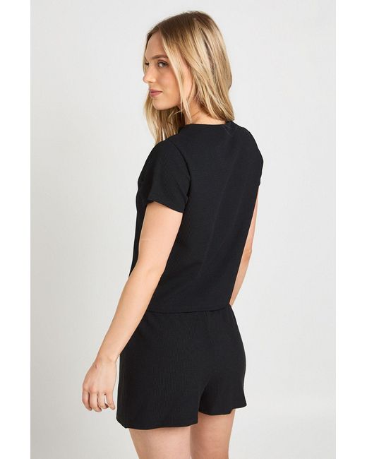 Boohoo Black Petite Rib Short Sleeve Button Through Top And Set