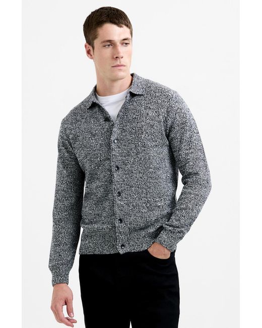 French Connection Gray Cotton Blend Melange Knitted Button-Up Polo Jumper for men