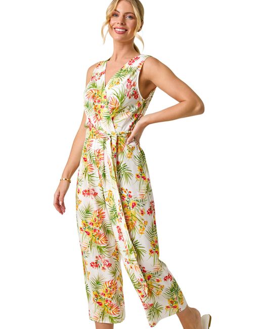Roman Metallic Petite Leaf Border Print Jumpsuit