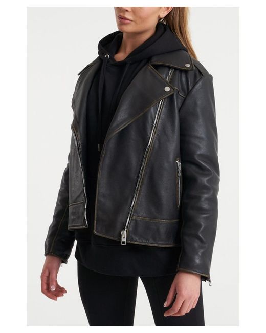 Barney's Originals Black Washed Real Leather Oversized Biker Jacket