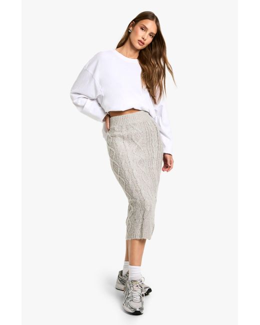 Boohoo White Fluffy Chunky Cable Knit Midaxi Skirt