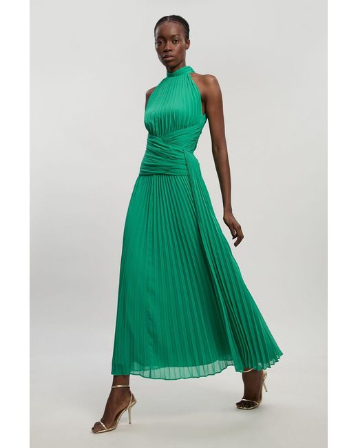 Karen Millen Green Pleated Twist Front Woven Halter Midi Dress