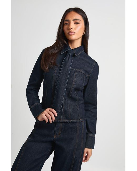 Boohoo Blue Cinched Long Sleeve Denim Shirt With Tie
