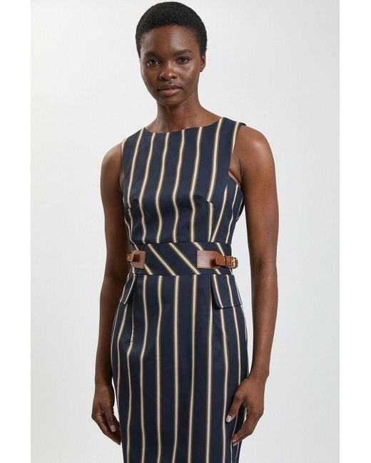 Karen Millen Blue Petite Stripe Side Tab Pencil Midi Dress
