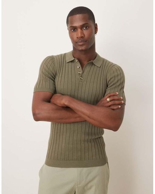 ASOS Green Muscle Fit Knitted Rib Polo T-Shirt for men