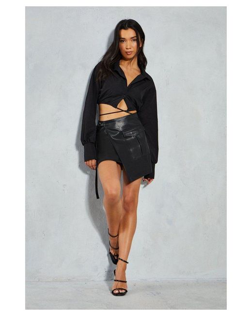 MissPap Black Leather Look Wrap Over Mini Skirt