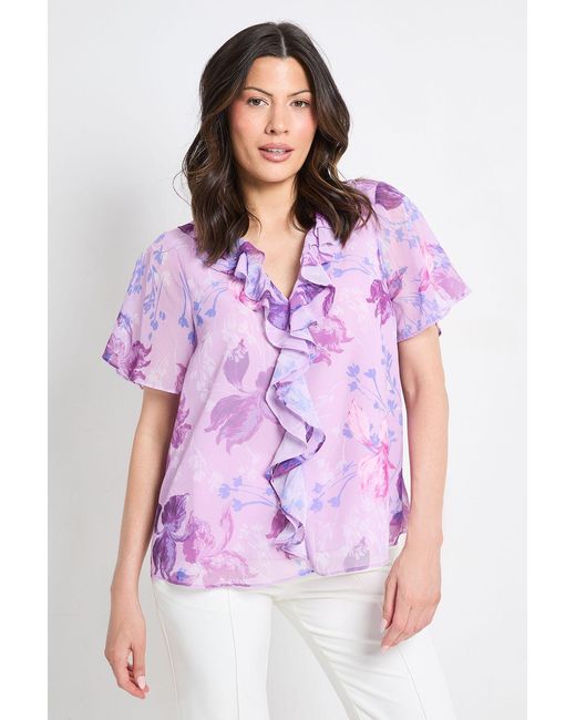 Wallis Purple Floral Ruffle Front Short Sleeve Top