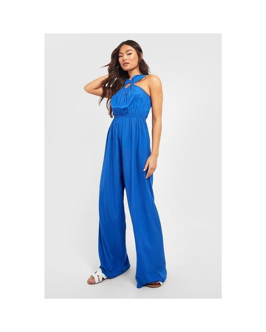 VIOLET ROMANCE Blue Halter Neck Solid Patterned Wide Leg Jumpsuit