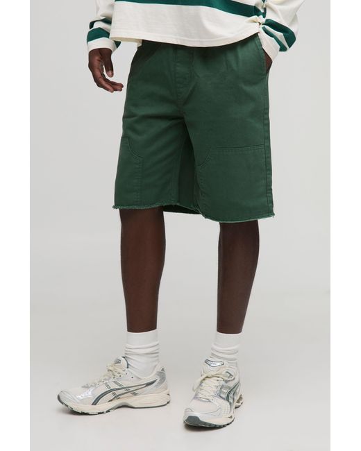 BoohooMAN Green Elasticated Waist Relaxed Distressed Carpenter Shorts for men
