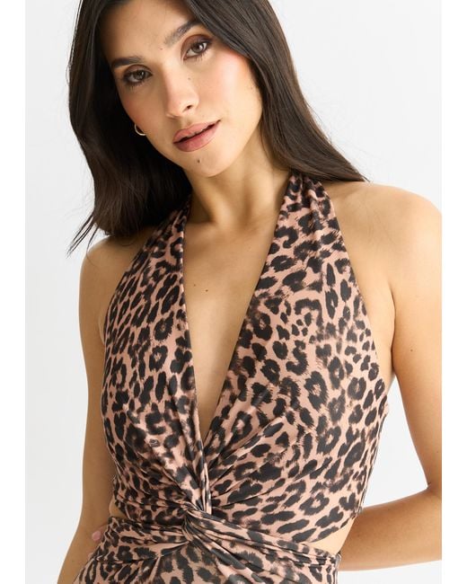 Gini London Brown Animal Print Twisted Cut Out Halter Swimsuit