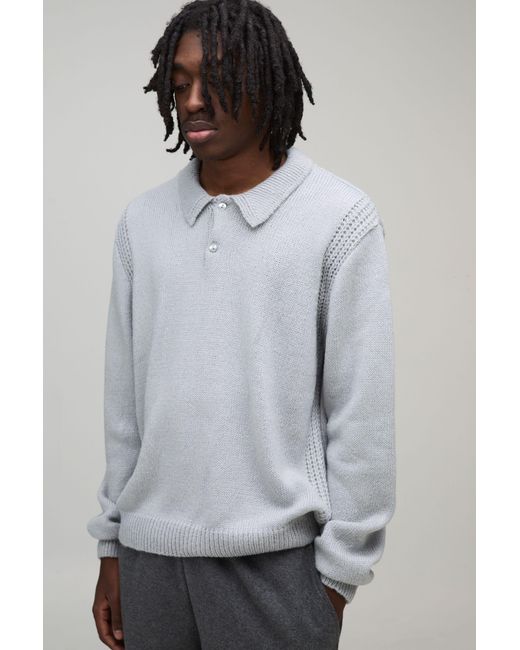 BoohooMAN Gray Regular Fit Fluffy Button Knitted Long Sleeve Polo for men