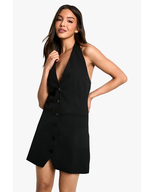 Boohoo Black Woven Halterneck Button Up Mini Dress