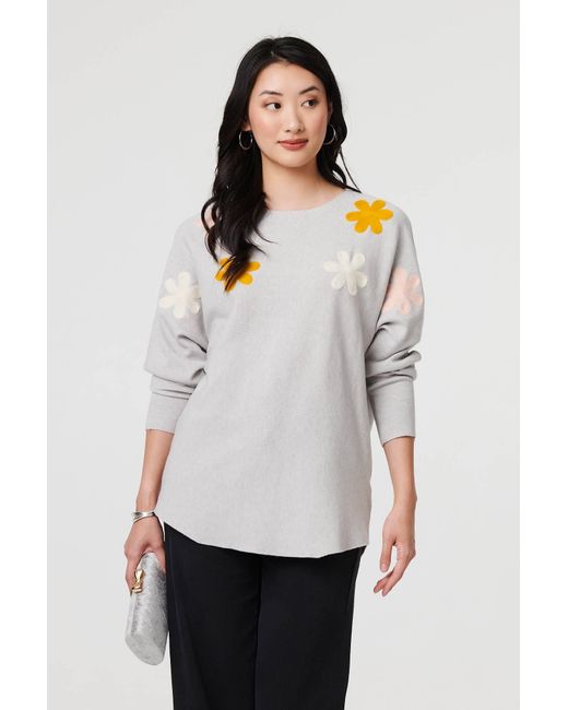 Izabel London White Floral Embellished Batwing Sleeve Jumper