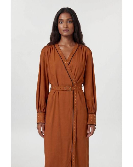 Karen Millen Brown Premium Viscose Linen Woven Wrap Dress With Stud Detail