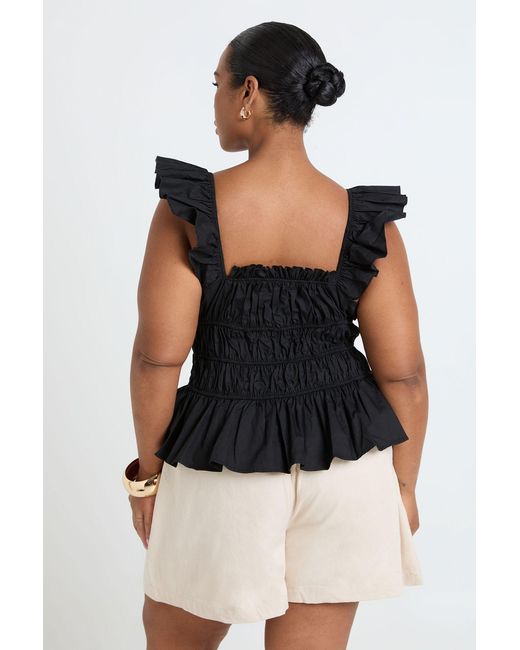 Boohoo Black Plus Frill Sleeve Shirred Tie Top
