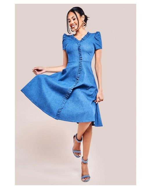 Goddiva Blue Denim Front Frill Flared Midi Dress