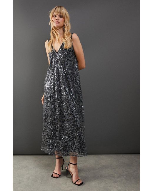 Warehouse Gray Sequin Mesh V Neck Trapeze Midi Dress