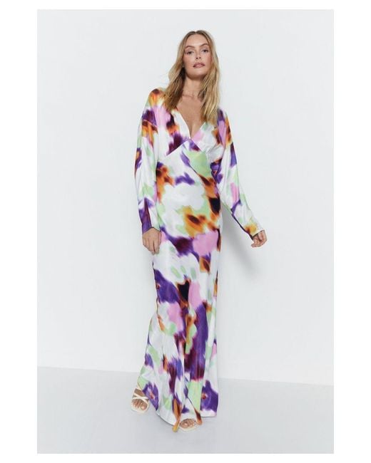 Warehouse White Blurred Abstract Print Satin Batwing Dress