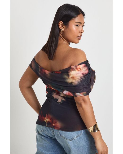 Boohoo Blue Plus Printed Asymmetric Ruched Top